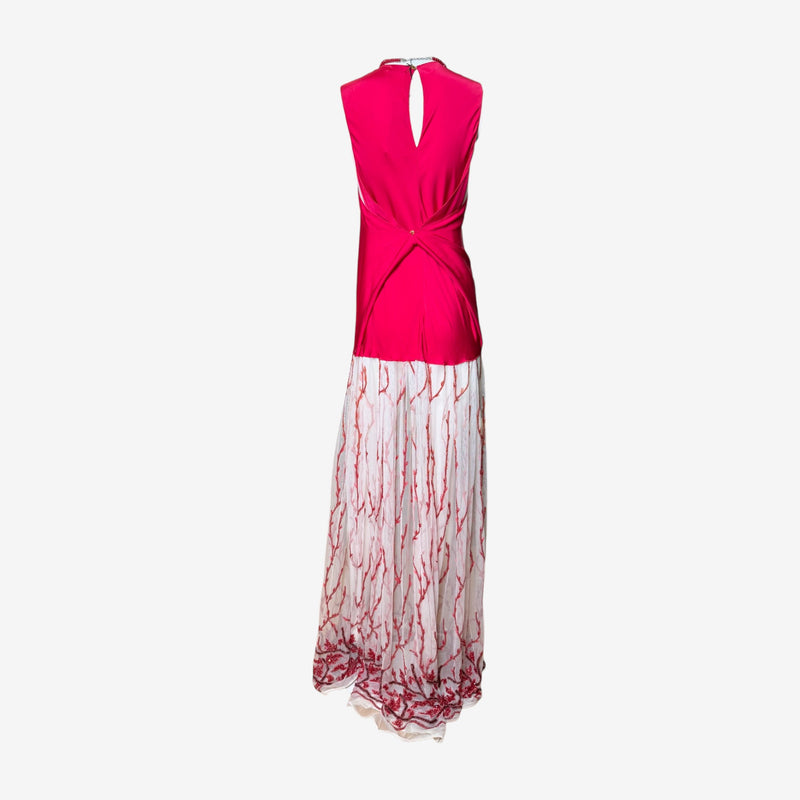 Fuchsia silk evening gown by Gianni Versace, back keyhole opening detail