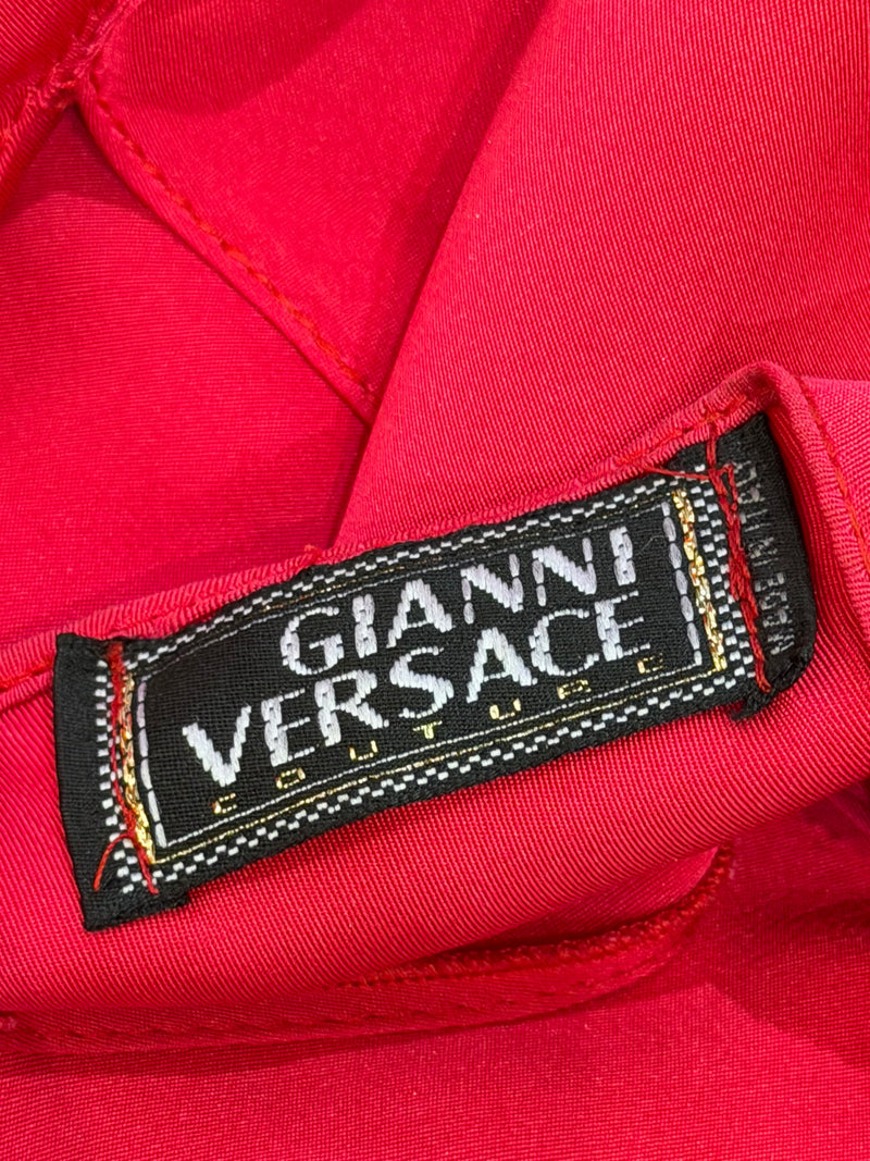 Fuchsia silk evening gown by Gianni Versace, beaded necklace detail close-up