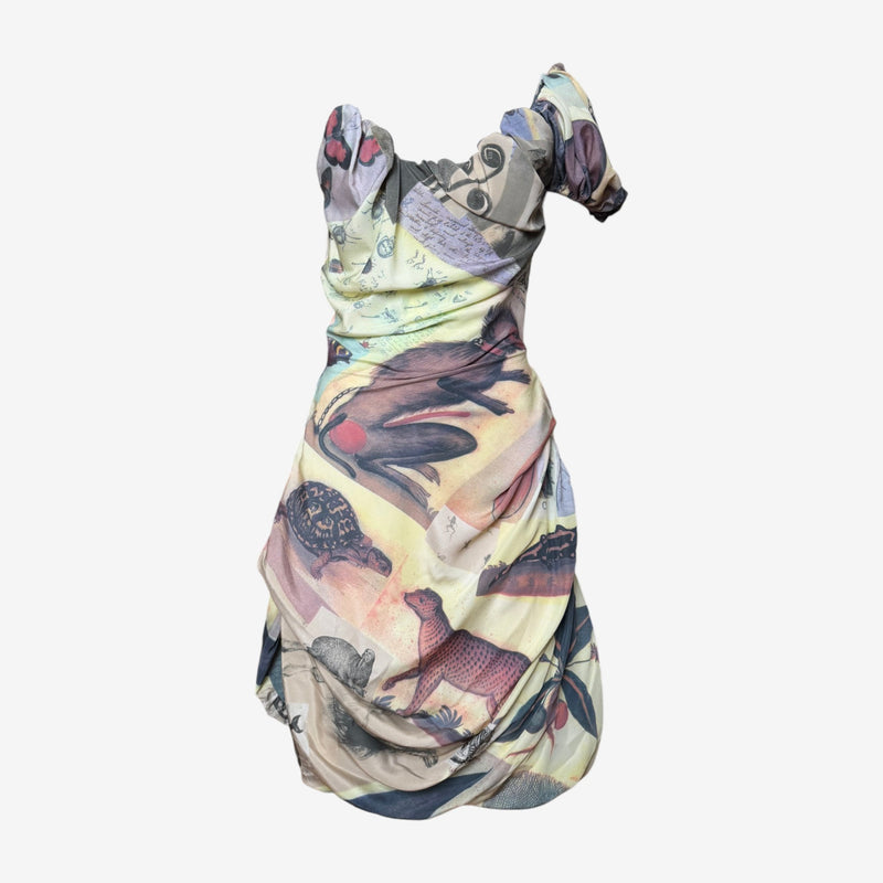 Cream and lavender Vivienne Westwood draped dress with scientific illustration print and fitted corset bodice