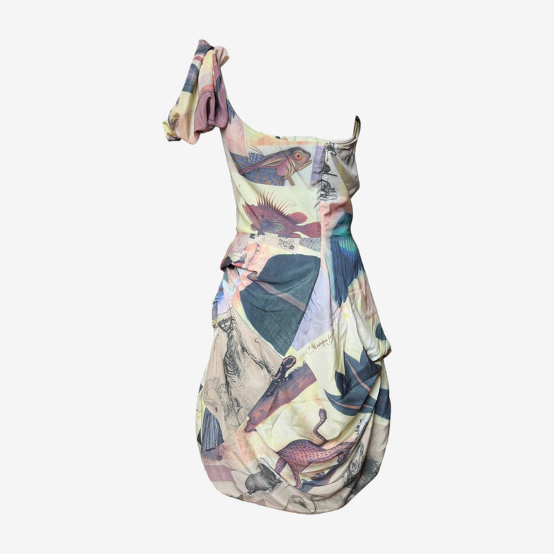 Detail of Vivienne Westwood dress showing naturalist print with botanical and insect illustrations