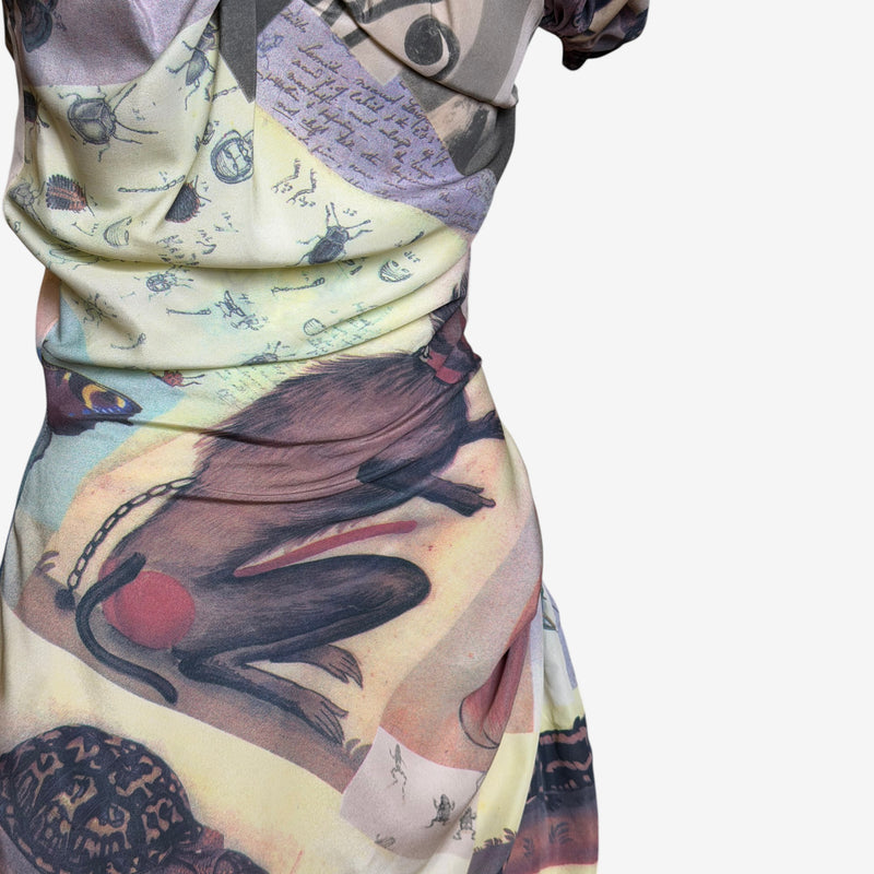 Detail of corset bodice on Vivienne Westwood draped dress with internal boning structure