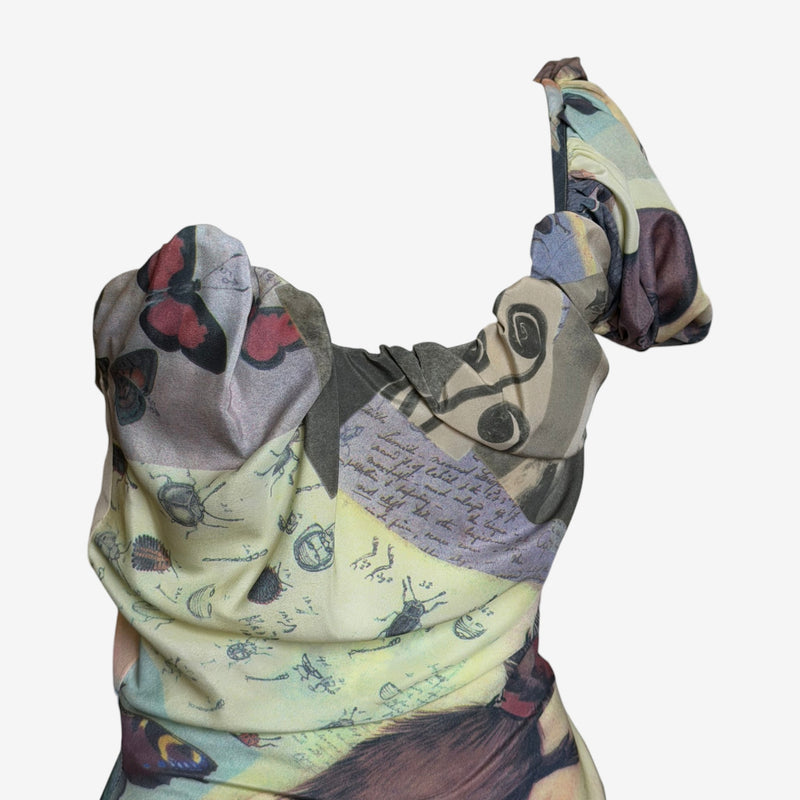 Vivienne Westwood draped dress showing tied shoulder detail and fluid fabric drape