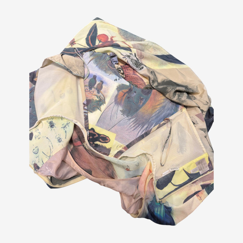 Full length view of Vivienne Westwood S/S 2001 draped dress with exploration collection print