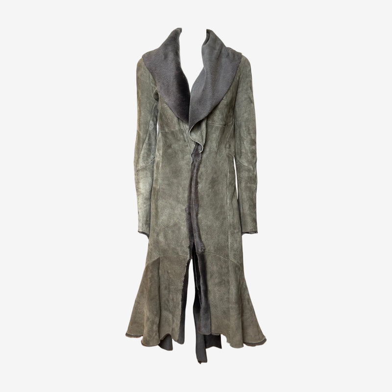 Brown fur and leather long coat by Roberto Cavalli, front view