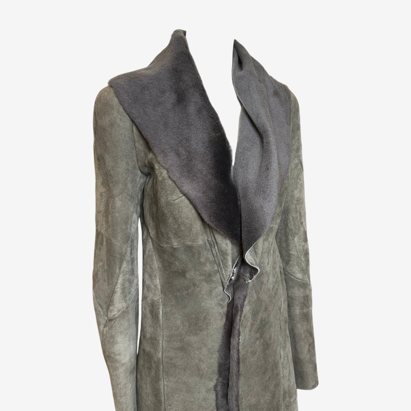 Brown fur and leather long coat by Roberto Cavalli, side profile