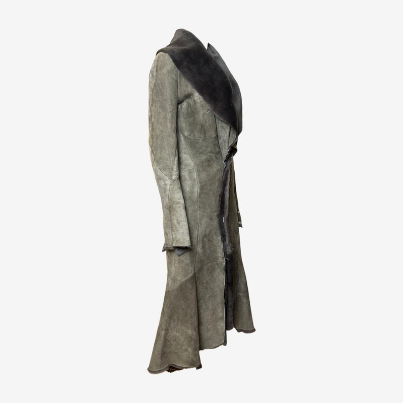 Brown fur and leather long coat by Roberto Cavalli, back view