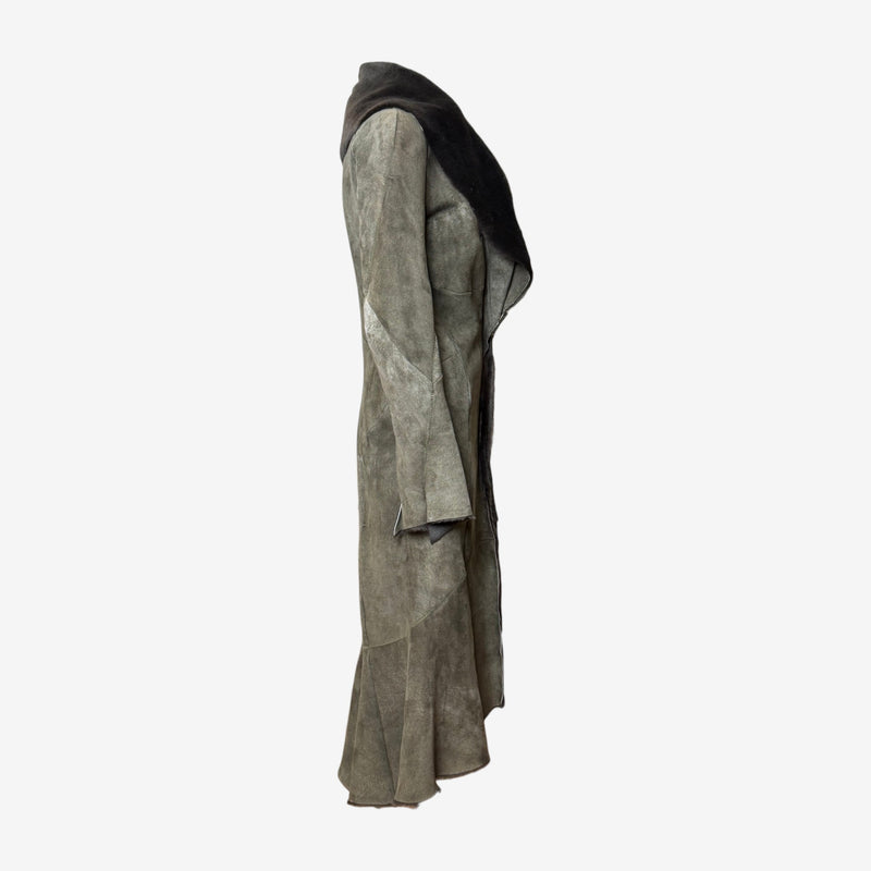 Brown fur and leather long coat by Roberto Cavalli, hem detail