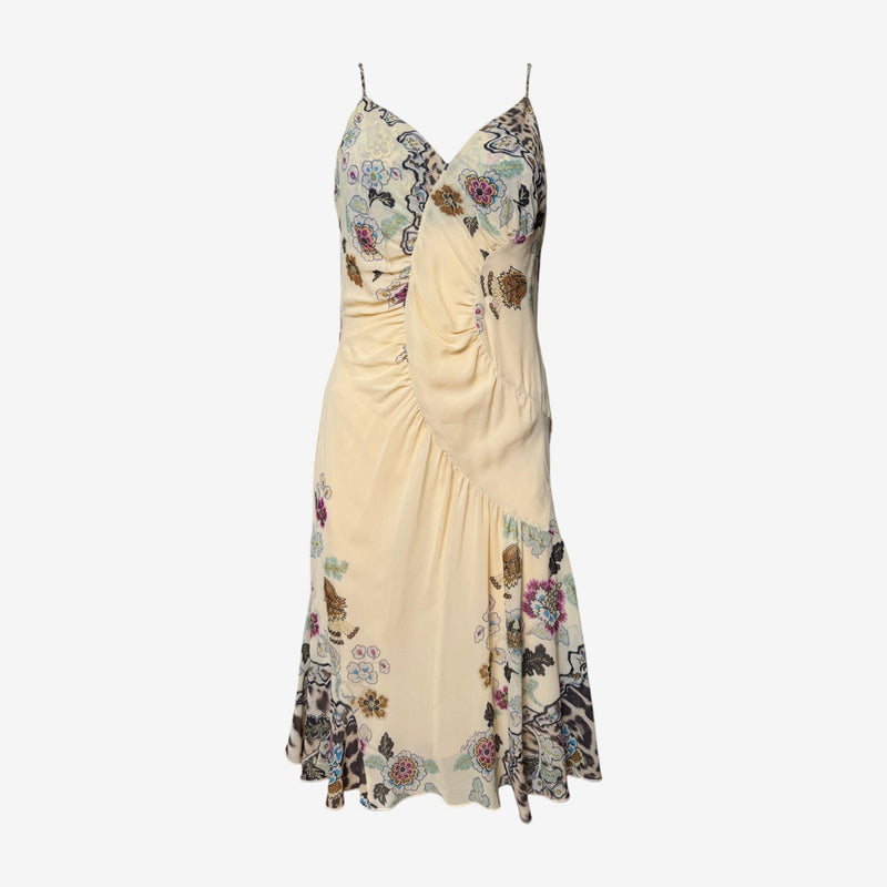 Cream silk slip dress by Roberto Cavalli with chinoiserie floral and leopard print, V-neckline and spaghetti straps
