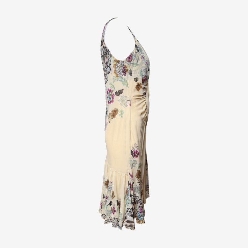 Cream silk Roberto Cavalli dress with purple, blue and green botanical print and leopard panels