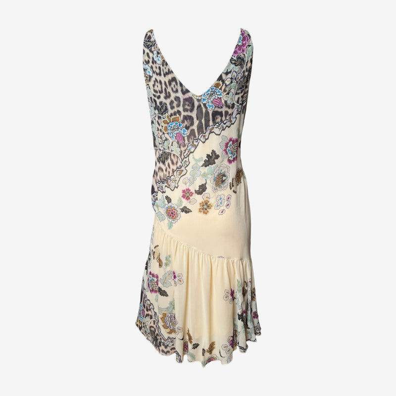 Detail of Roberto Cavalli chinoiserie print, cream silk with botanical motifs and leopard print sections