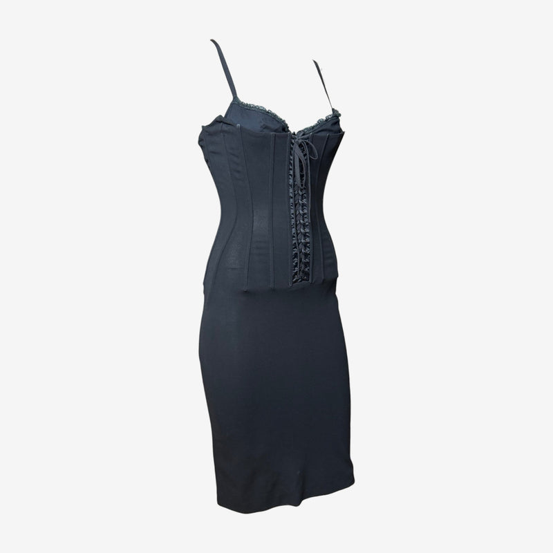 Back view of black Dolce & Gabbana corset dress with invisible zip closure