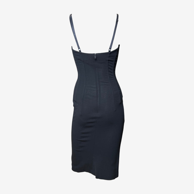 Close-up of lace-up front closure with black ribbon threading on Dolce & Gabbana corset dress