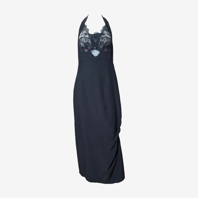 Black halter gown by Christian Lacroix, front view with asymmetric lace panels and open back