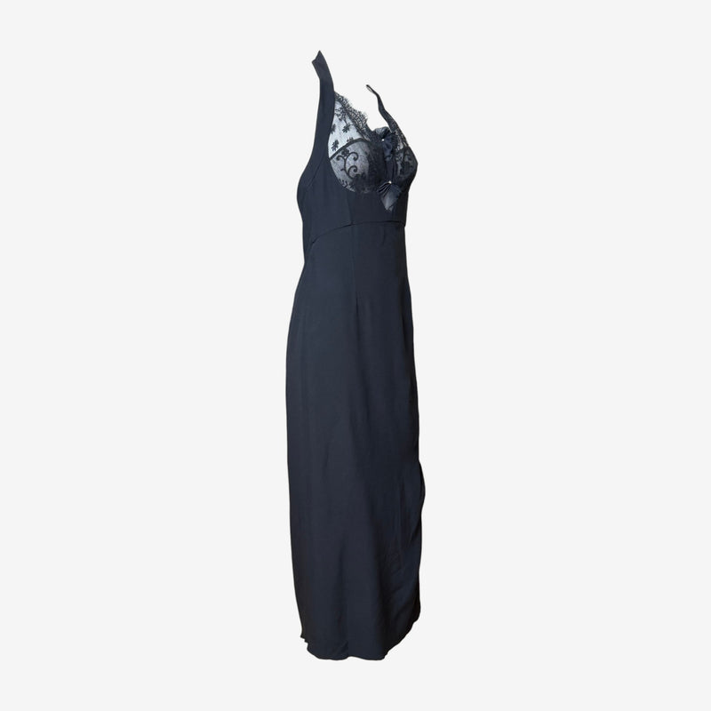 Black halter gown by Christian Lacroix, back detail with open construction and lace panels