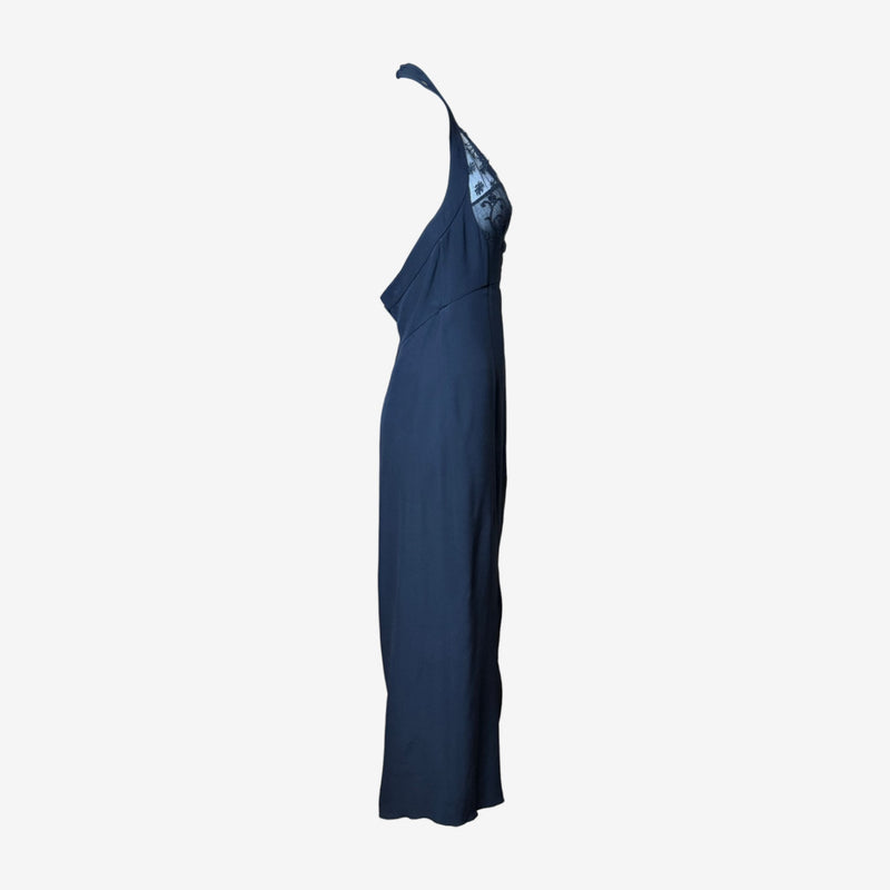 Black halter gown by Christian Lacroix, full length view on model