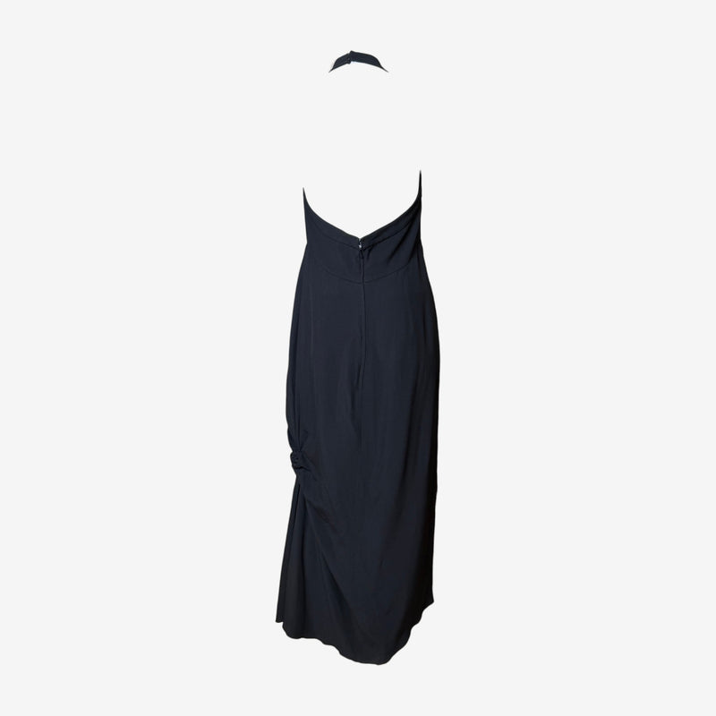 Black halter gown by Christian Lacroix, close-up of lace panel baroque motifs and jersey