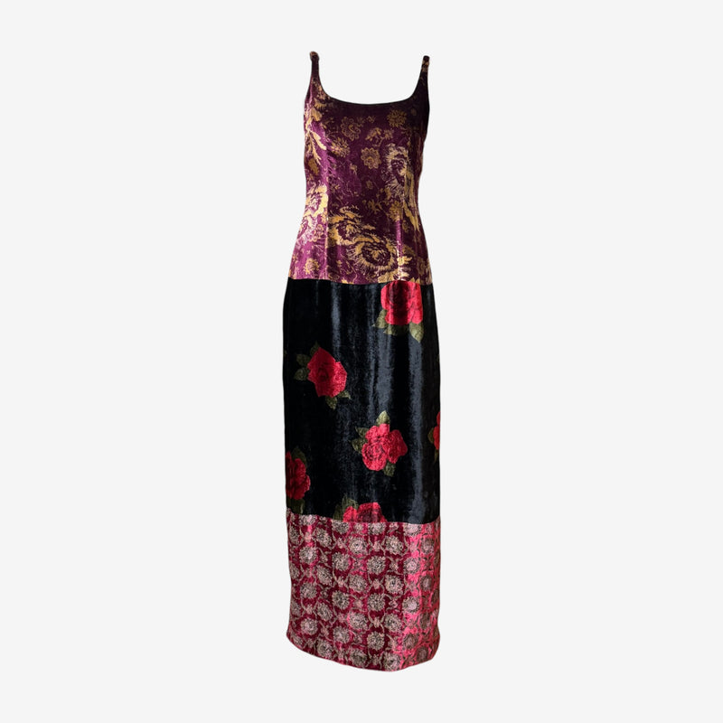 Multicolor patchwork velvet slip gown by Dolce & Gabbana, floor-length with brocade, rose appliqué, and medallion print panels