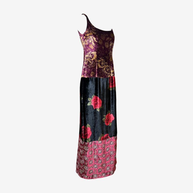Back view of patchwork velvet slip gown by Dolce & Gabbana with scooped neckline and adjustable straps