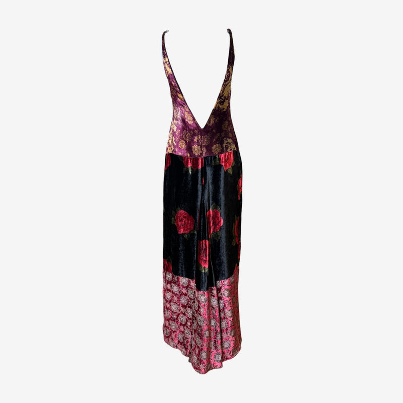 Burgundy velvet panel with pink and gold medallion print on Dolce & Gabbana patchwork slip gown