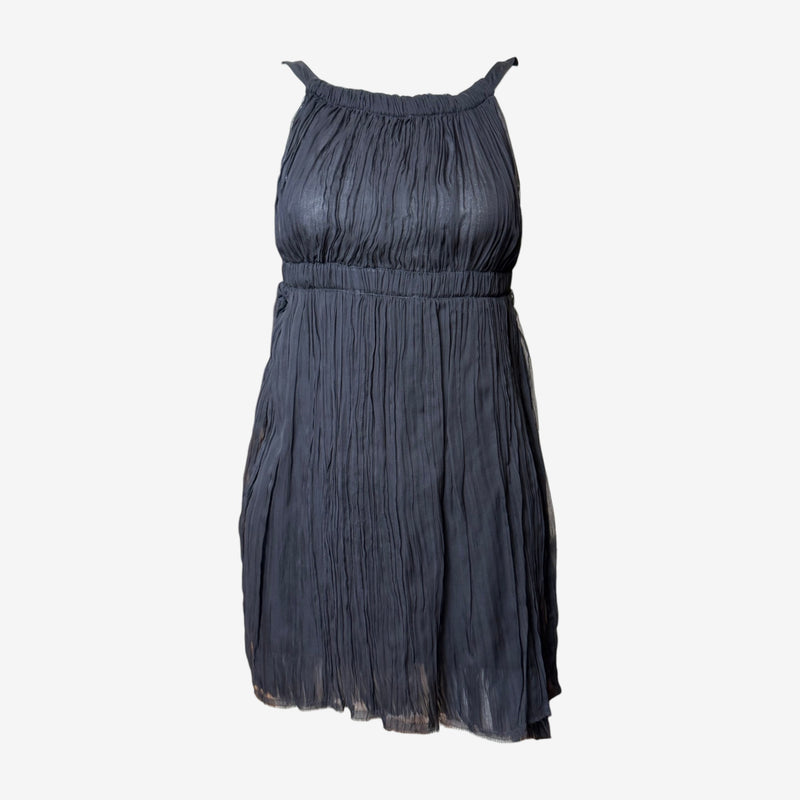 Charcoal black pleated silk mini dress by Fendi, front view showing knife pleating and high neckline