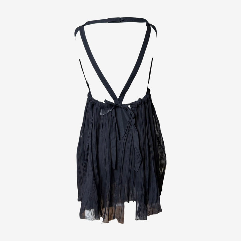 Charcoal black pleated silk mini dress by Fendi, detail view of back strap tie closure at waist