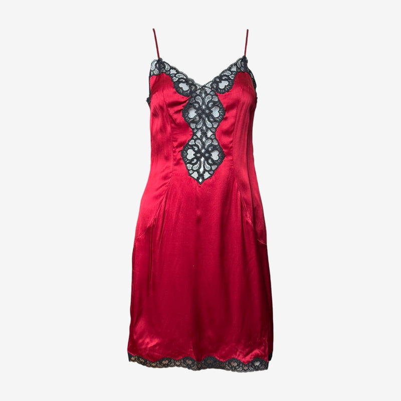 Red silk slip dress by Dolce & Gabbana, black lace trim at neckline and hem