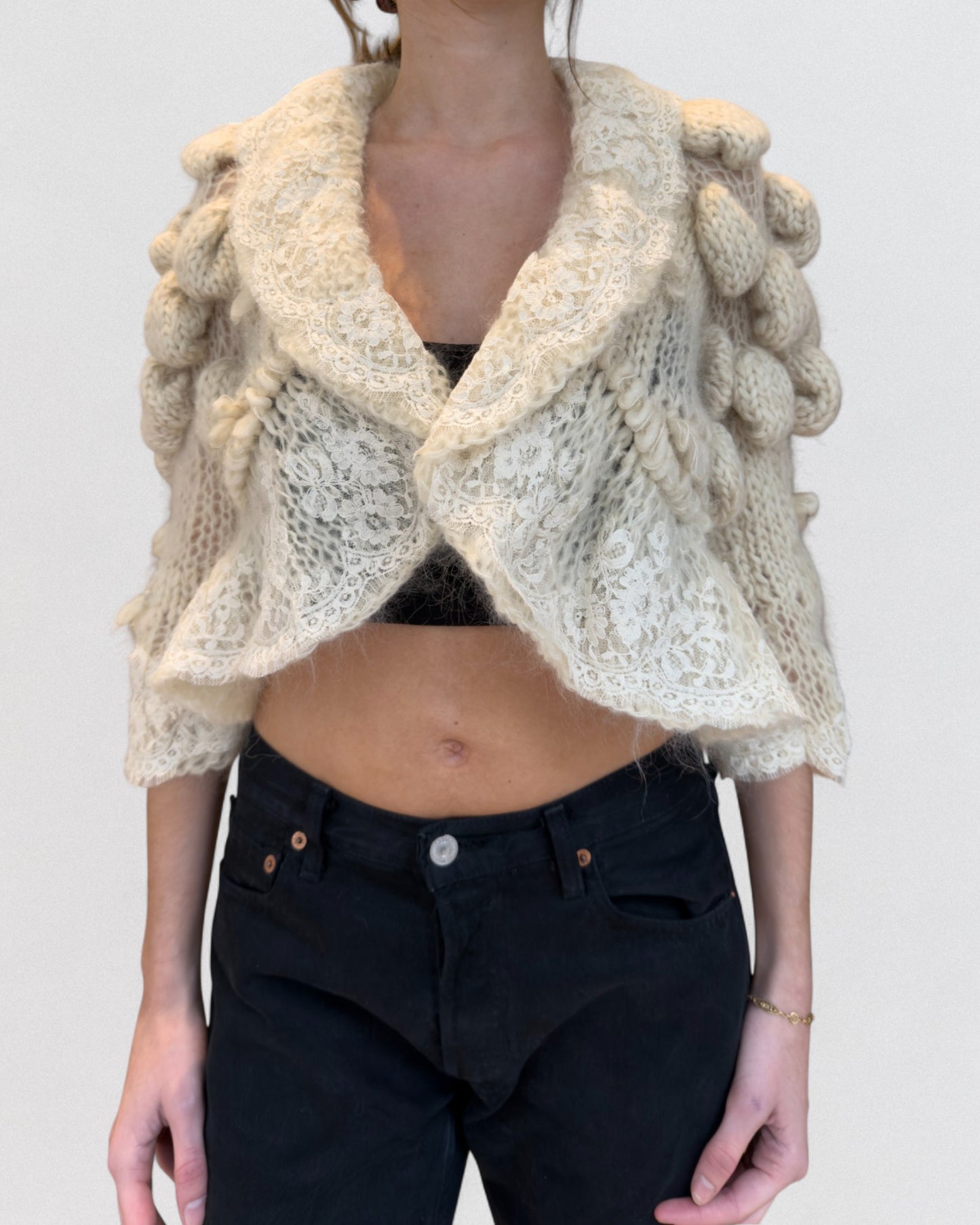 John Galliano Fall 2006 Mohair Bobble-Knit Lace Trim Cropped Jacket