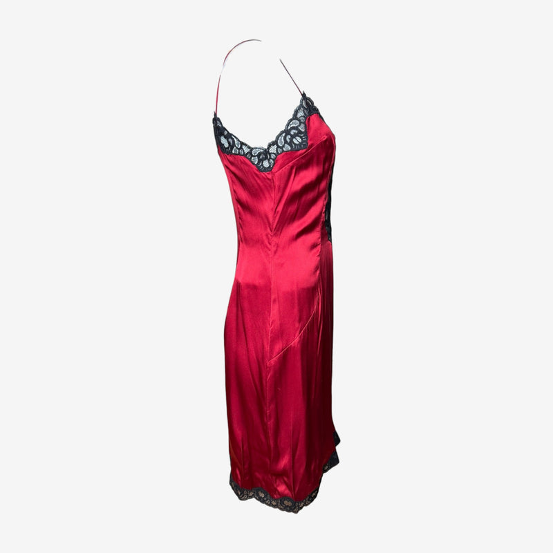 Red silk slip dress by Dolce & Gabbana, back view showing bias-cut silhouette