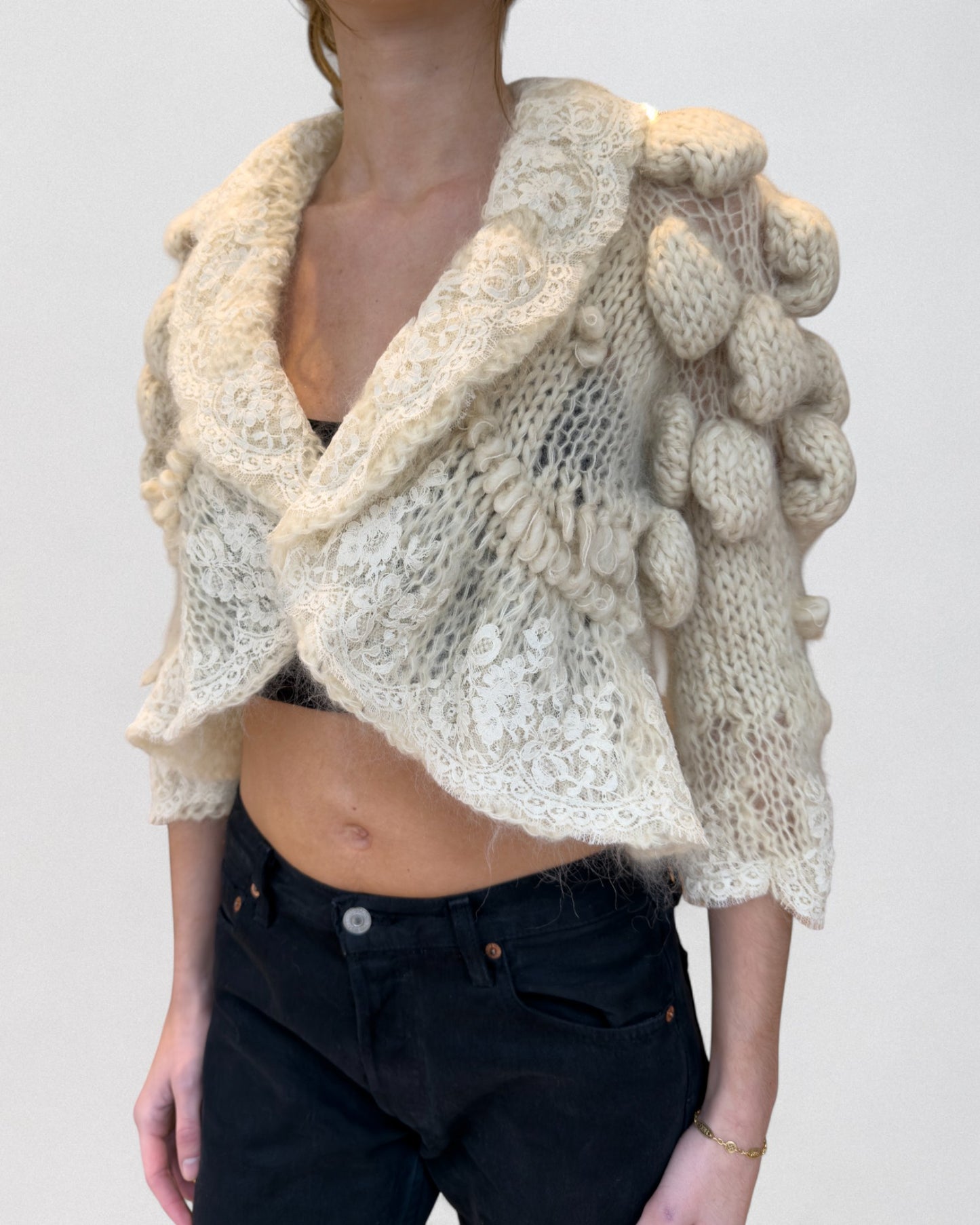John Galliano Fall 2006 Mohair Bobble-Knit Lace Trim Cropped Jacket