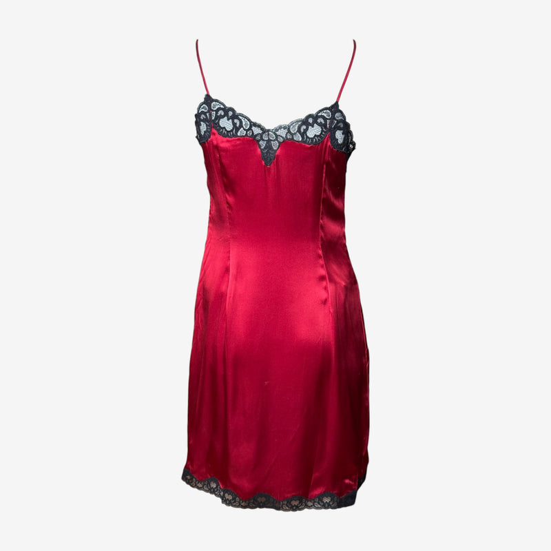 Red silk slip dress by Dolce & Gabbana, adjustable spaghetti straps and scalloped lace