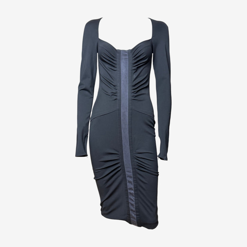 Black ruched jersey midi dress by Gucci Tom Ford, front view with asymmetrical sweetheart neckline