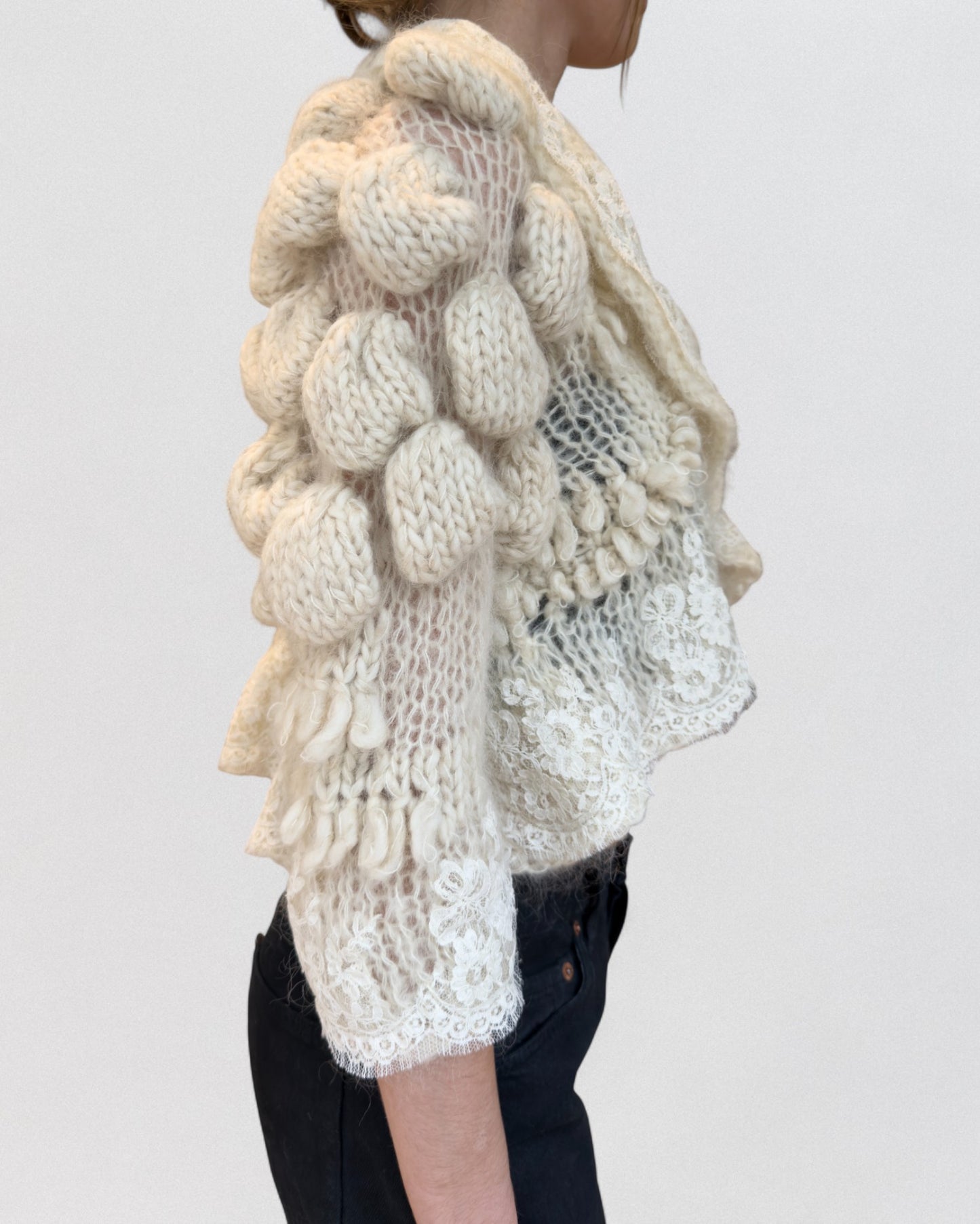 John Galliano Fall 2006 Mohair Bobble-Knit Lace Trim Cropped Jacket