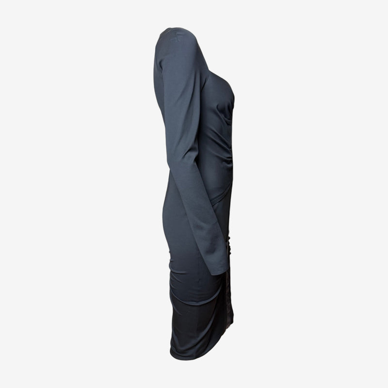 Black ruched jersey dress by Gucci Tom Ford, side view showing fitted sleeves