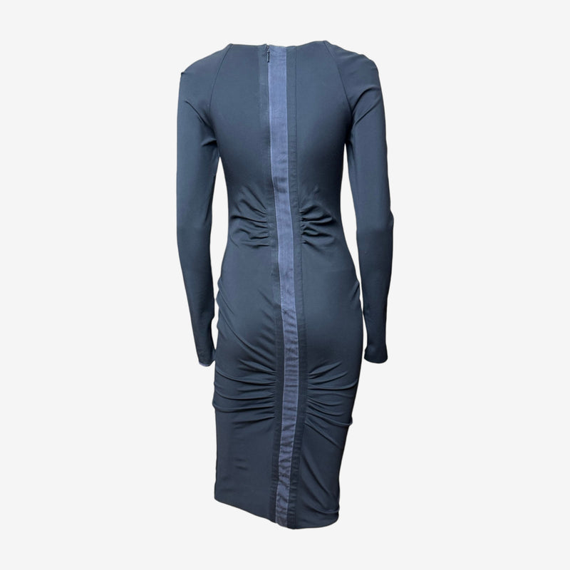 Black jersey midi dress by Gucci Tom Ford, back detail with ruching and invisible zip