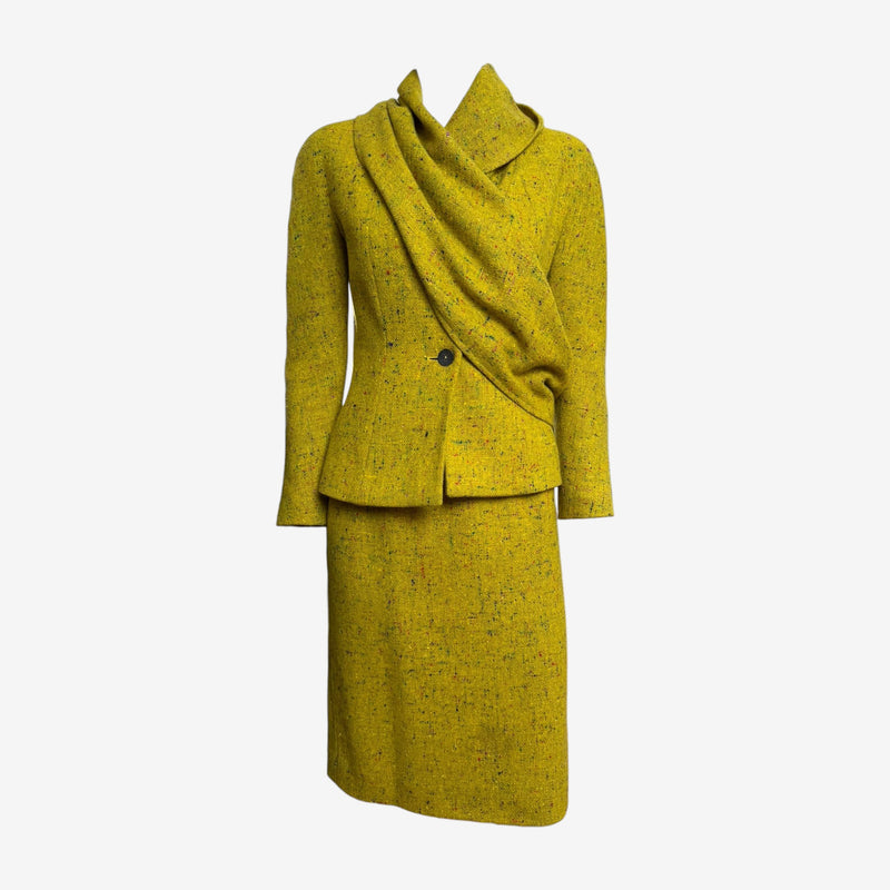 Chartreuse Donegal tweed blazer by Christian Dior John Galliano, asymmetrical wrap-front with draped scarf collar
