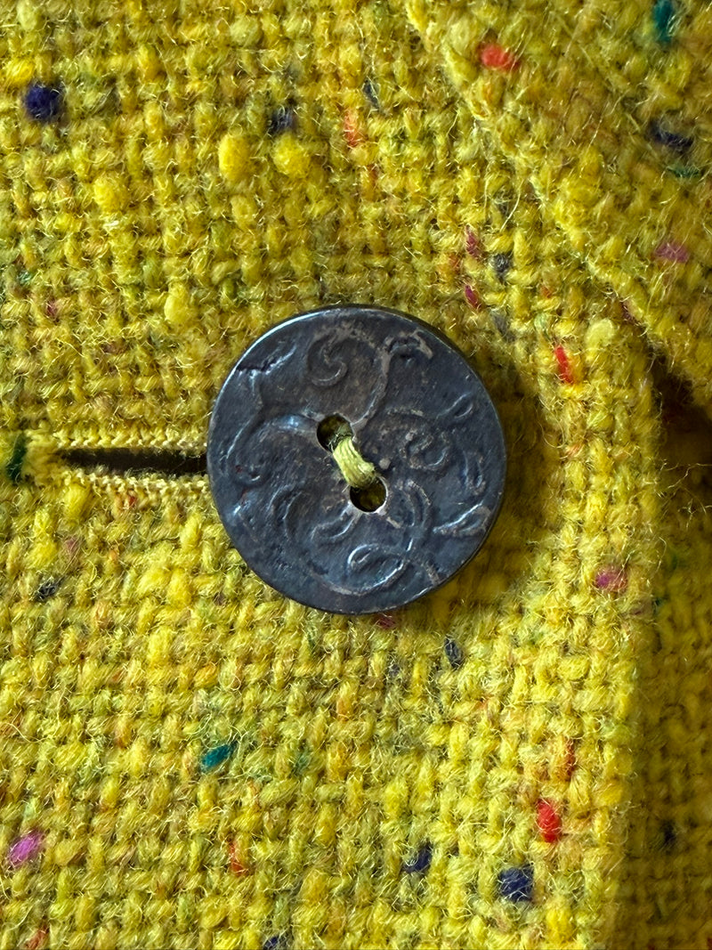 Yellow silk lining detail in Christian Dior John Galliano Donegal tweed blazer, jacquard pattern