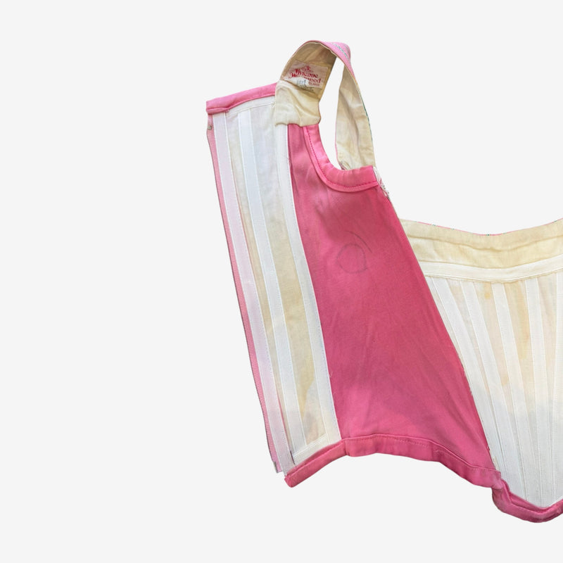 Pink striped corset bustier by Vivienne Westwood, full frontal view