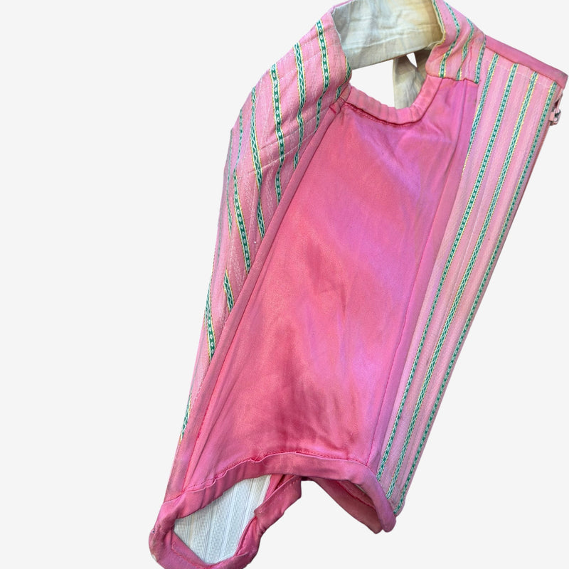 Pink striped corset bustier, back view showing boning construction