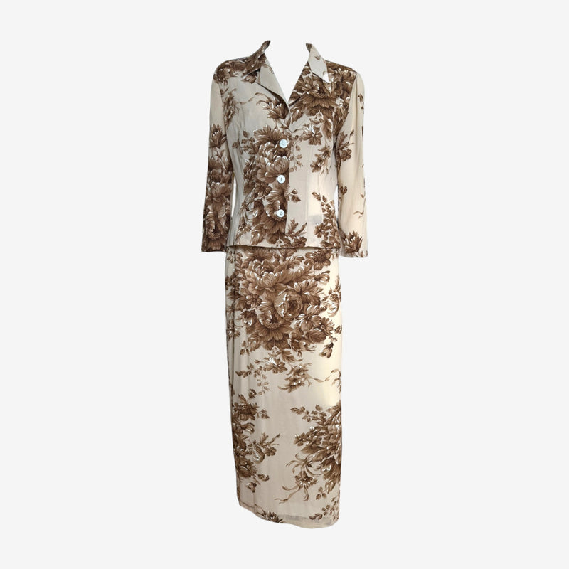 Cream silk shirt by Dolce & Gabbana with sepia floral print, button-front closure and three-quarter sleeves