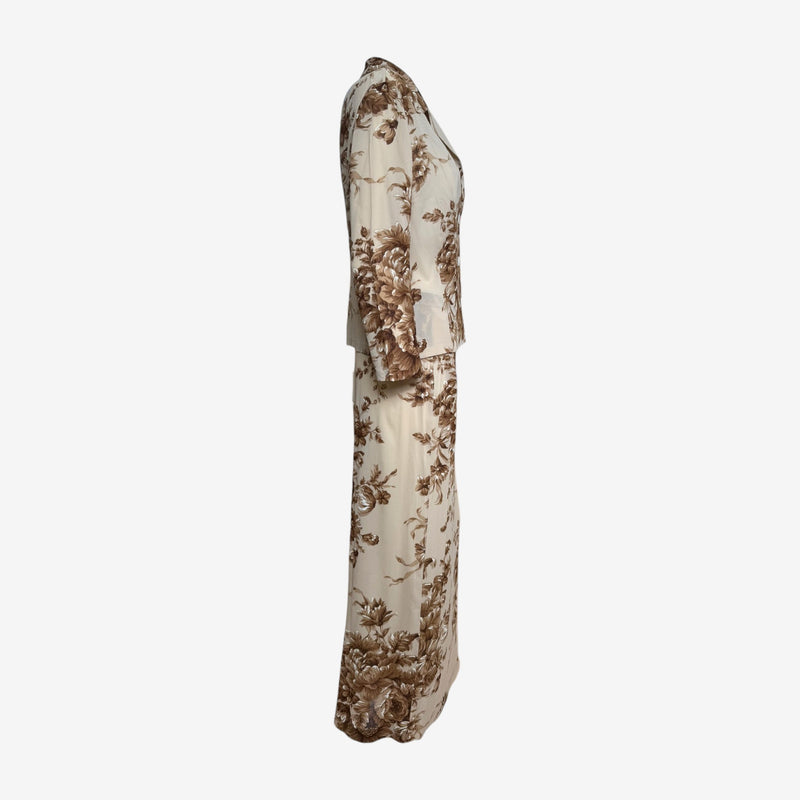 Cream silk skirt by Dolce & Gabbana with sepia botanical print and high-waisted silhouette