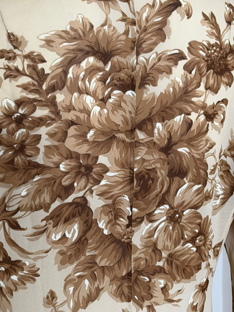 High-waisted cream silk skirt by Dolce & Gabbana with sepia botanical print