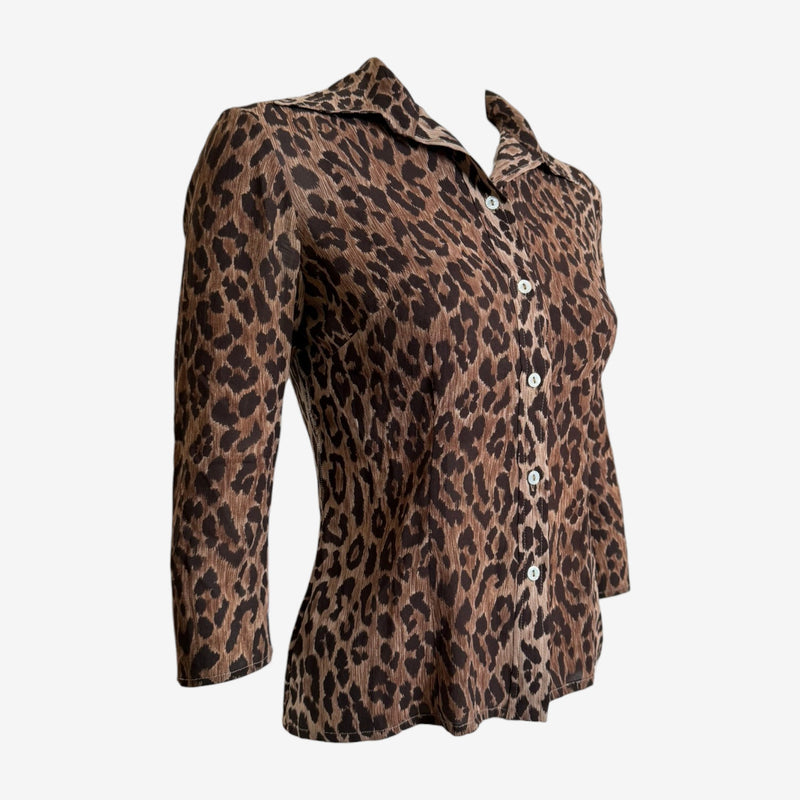 Tan base leopard print shirt by Dolce & Gabbana, close detail of button-front and collar construction