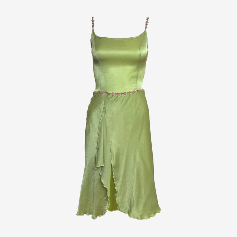 Chartreuse silk satin slip dress by Blumarine, crystal floral embellishments on spaghetti straps