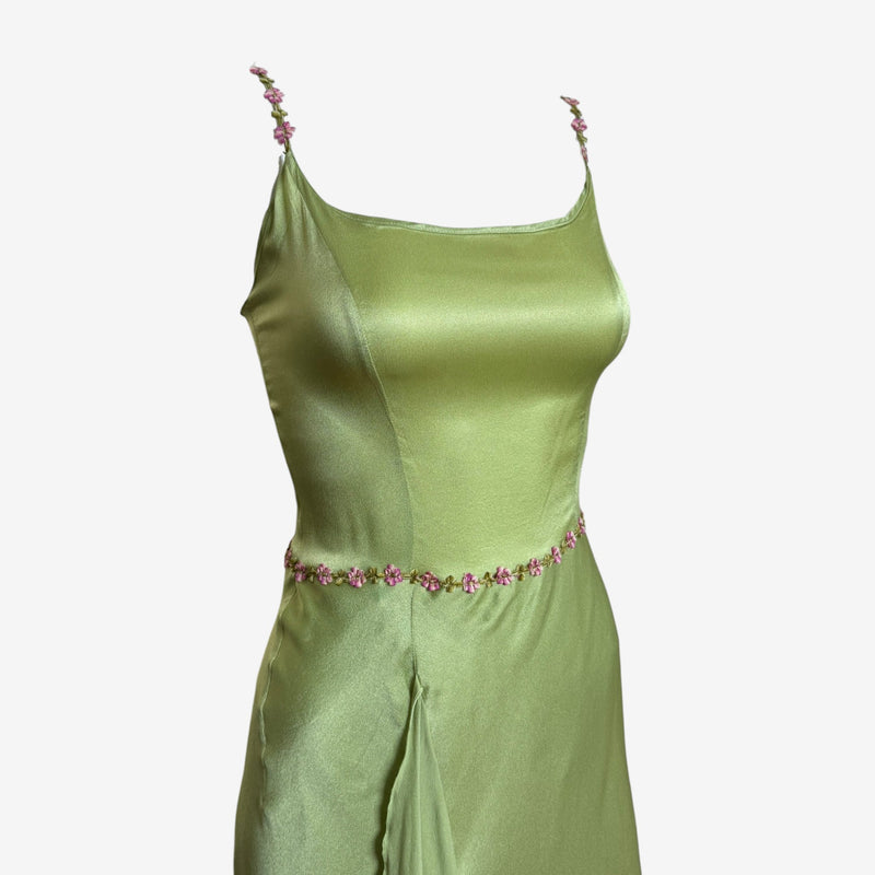 Blumarine slip dress front view, bias-cut with asymmetric ruffle detail and crystal flower belt