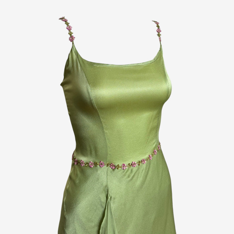 Side view of chartreuse Blumarine dress, midi length with crystal embellishment detailing