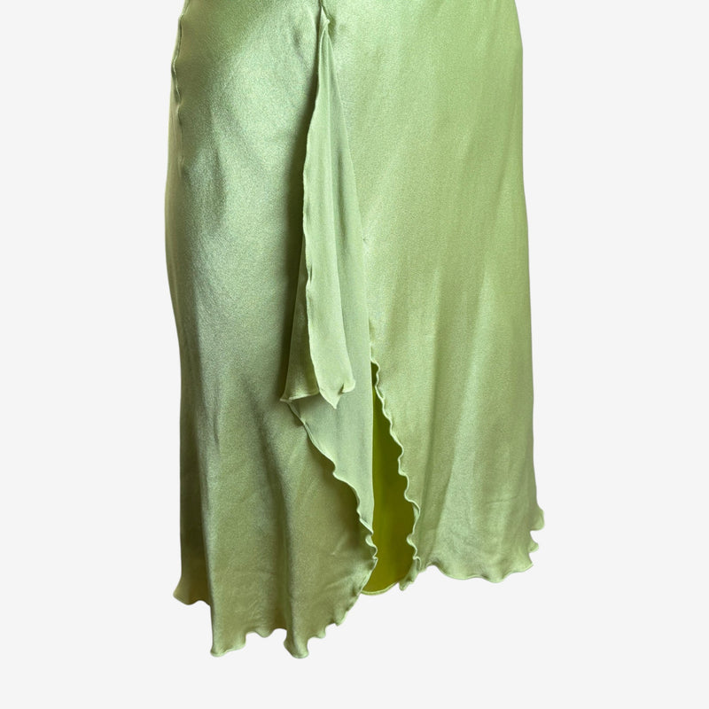 Back view of Blumarine silk satin slip dress, crystal floral appliqués on straps