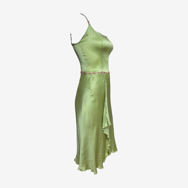 Close-up detail of pink and green crystal flower embellishments on Blumarine dress