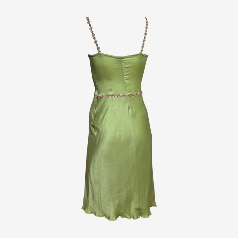 Asymmetric ruffle detail at front of chartreuse Blumarine slip dress