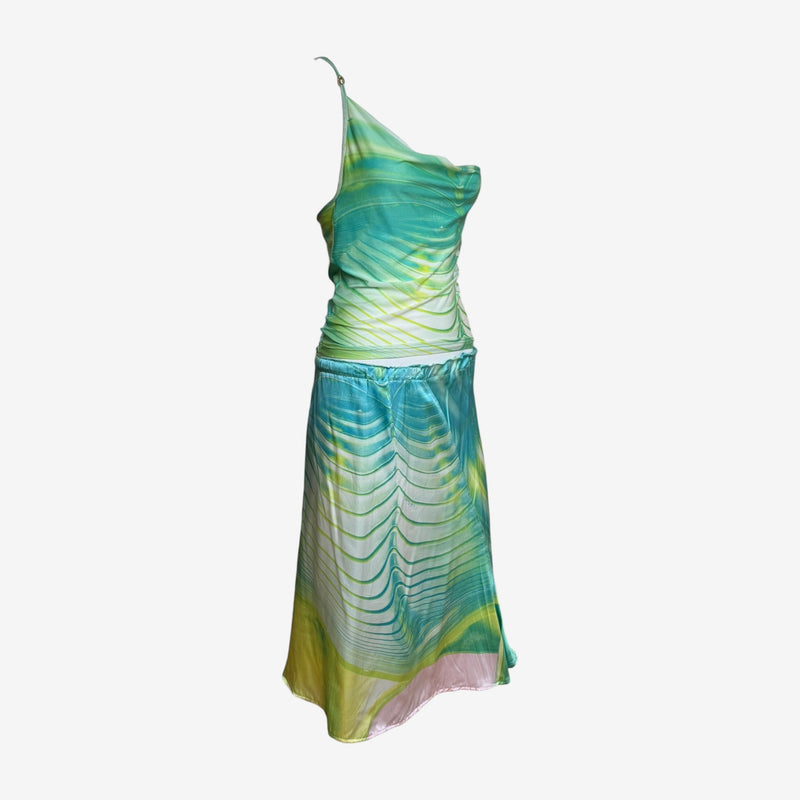 Matching psychedelic wave print skirt by Roberto Cavalli, asymmetrical midi-length hem in turquoise to yellow-green gradient