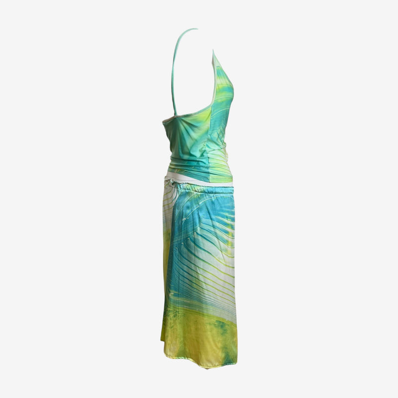Roberto Cavalli S/S 2001 ensemble detail, internal boning structure and silk lining visible on camisole